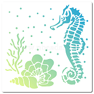 PET Plastic Hollow Out Drawing Painting Stencils Templates, Square, Sea Horse Pattern, 18x18cm(DIY-WH0286-012)