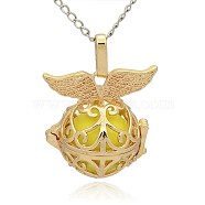 Golden Tone Brass Hollow Round Cage Pendants, with No Hole Spray Painted Brass Ball Beads, Champagne Yellow, 28x27x20mm, Hole: 3x8mm(KK-J237-04G)
