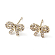 Bowknot Brass Stud Earrings, with Clear Cubic Zirconia, Long-Lasting Plated, Lead Free & Cadmium Free, Real 18K Gold Plated, 7x11mm(EJEW-M245-02G)