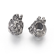 316 Surgical Stainless Steel European Beads, Large Hole Beads, Lion, Antique Silver, 12x8x11mm, Hole: 4.5mm(STAS-E446-12AS)