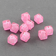 Mixed Letters Transparent Acrylic Cube Beads, Horizontal Hole, Pearl Pink, 6x6x6mm, Hole: 3mm, about 3100pcs/500g(SACR-S181-06)