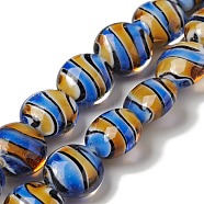 Handmade Lampwork Beads Strand, Flat Round with Stripe Pattern, Dodger Blue, 16x10mm, Hole: 1.2mm, about 20pcs/strand, 12.20 inch(31cm)(LAMP-C008-09)