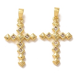 Brass Micro Pave Clear Cubic Zirconia Pendants, Cross with Rhombus Charms, Real 18K Gold Plated, 26.5x17x2.5mm, Hole: 4x2mm(CU-CBA9AB3-31G)