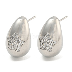 Rack Plating Brass Micro Pave Clear Cubic Zirconia Stud Earring, Cadmium Free & Lead Free, Long-Lasting Plated, Teardrop, Real 18K Gold Plated, Star, 19x12mm(EJEW-C102-29A-P)
