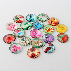 Flower Printed Glass Cabochons, Half Round/Dome, Mixed Color, 16x5mm(X-GGLA-A002-16mm-BB)