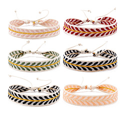 Cotton Flat Cord Bracelets Set, Wax Ropes Braided Ethnic Tribal Adjustable  Bracelets, Leaf, 6-7/8 inch(17.5cm), 6pcs/set(PW-WG25250-01)