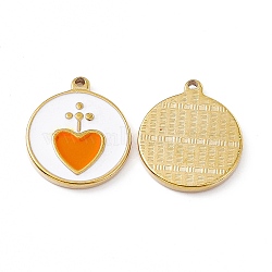 Vacuum Plating 201 Stainless Steel Pendants, with Enamel, Real 18K Gold Plated, Flat Round with Heart Charm, Dark Orange, 23.5x20x2.7mm, Hole: 1.7mm(STAS-J401-VC1030)