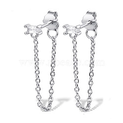 Anti-Tarnish Rhodium Plated Platinum 925 Sterling Silver Chains Front Back Stud Earrings, with Rectangle Cubic Zirconia, Clear, 48x4mm(PA4661-8)