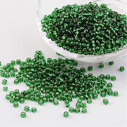 8/0 Glass Seed Beads, Silver Lined Round Hole, Round, Green, 3mm, Hole: 1mm, about 1097pcs/50g(X-SEED-A005-3mm-27B)