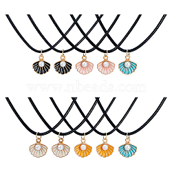 30Pcs 5 Color Zinc Alloy Enamel Shell Shape Pendant Necklaces Set with ABS Plastic Imitation Pearl Beaded, Mixed Color, 17.72 inch(45cm), 6Pcs/color(NJEW-AB00020)