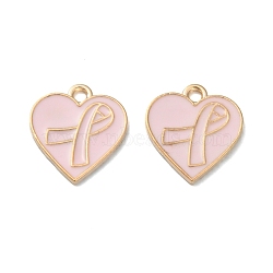 Light Gold Tone Zinc Alloy Enamel Pendants, Heart with October Breast Cancer Pink Awareness Ribbon, Pink, 16.5x15x1mm, Hole: 2mm(ENAM-WH0061-12B)