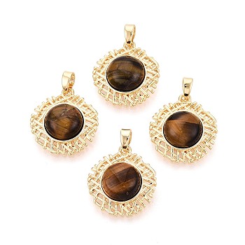 Natural Tiger Eye Pendants, Flat Round Charms with Brass Settings, Real 18K Gold Plated, 20x18x6~6.5mm, Hole: 4.5x2.5mm