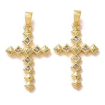 Brass Micro Pave Clear Cubic Zirconia Pendants, Cross with Rhombus Charms, Real 18K Gold Plated, 26.5x17x2.5mm, Hole: 4x2mm