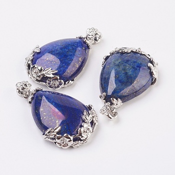 Valentine Gifts Idea for Guys Natural Lapis Lazuli Pendants, with Brass Findings, teardrop, Platinum, 43x26x8mm, Hole: 5x4mm