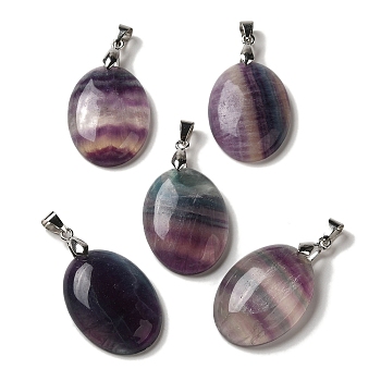 Natural Fluorite Pendants, Oval Charms with Rack Plating Platinum Plated Brass Snap on Bails, 30x21.5~22x6~6.5mm, Hole: 6x4mm