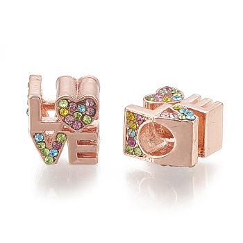 Alloy European Beads, Large Hole Beads, with Rhinestone, Word LOVE, Coloeful, Rose Gold, 10.5x10x8mm, Hole: 4.5mm
