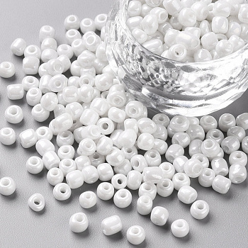Glass Seed Beads, Opaque Colors Lustered, Round, White, 4mm, Hole: 1.5mm, about 4500pcs/pound