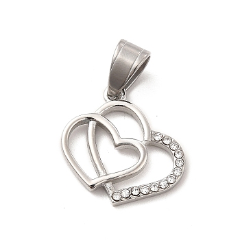304 Stainless Steel Pendants, with Crystal Rhinestone, Bouble Heart Charms, Stainless Steel Color, 18x19.5x2.5mm, Hole: 7x5mm