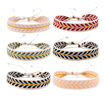 Cotton Flat Cord Bracelets Set, Wax Ropes Braided Ethnic Tribal Adjustable  Bracelets, Leaf, 6-7/8 inch(17.5cm), 6pcs/set