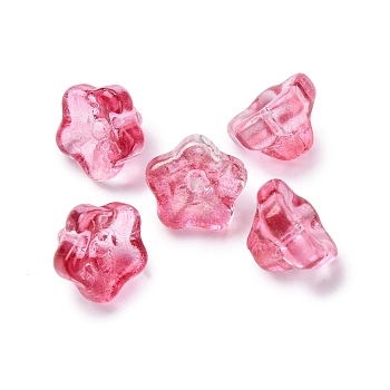 Transparent Glass Beads, Petunia, with Gold Powder, Hot Pink, 9x9x6mm, Hole: 1.4mm