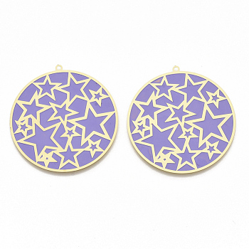 Brass Enamel Pendants, Etched Metal Embellishments, Matte Gold Color, Flat Round with Star, Lilac, 42x40x0.3mm, Hole: 1.4mm