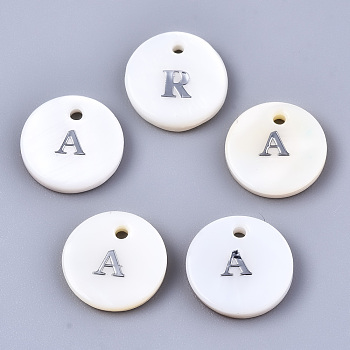 Natural Freshwater Shell Pendants, with Platinum Plated Iron Etched Metal Embellishments, Flat Round with Initial Letter, White, Letter.A, 11x2mm, Hole: 1.5mm