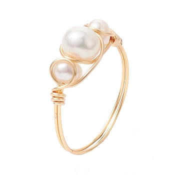 Natural Pearl Finger Rings, Copper Wire Wrapped Ring, Light Gold, US Size 8 1/2(18.5mm)