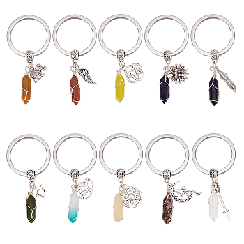 Double Terminated Point Gemstone Pendant Keychain with Tibetan Style Alloy Charm, with 304 Stainless Steel Keychain Clasp, 6.5~6.8cm, 10 style, 1pc/style, 10pcs/set