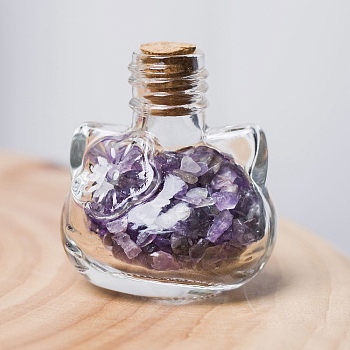 Cat Glass Wishing Bottle Display Decorations , with Natural Amethyst Chips Inside for Home Office Desk, 38x35mm