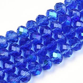 Electroplate Glass Beads Strands, Half Rainbow Plated, Faceted, Rondelle, Medium Blue, 6x5mm, Hole: 1mm, about 85~88pcs/strand, 16.1~16.5 inch(41~42cm)