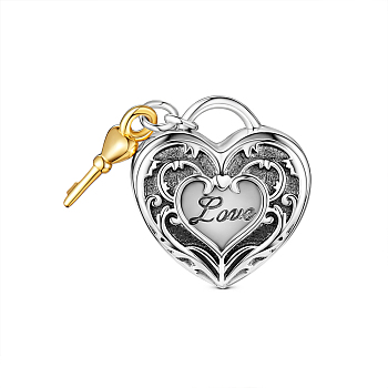 TINYSAND 925Sterling Silver European Beads, Lock Key Dangle Heart Photo Charms, Platinum & Golden, 11.19x12.68x7.7mm, Hole: 4.69mm