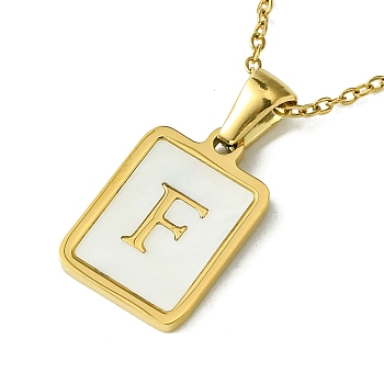 Ion Plating(IP) Rectangle with Initial Letter 304 Stainless Steel Pendant Necklace, white Shell, Real 18K Gold Plated, Letter F, 16.06 inch(40.8cm)