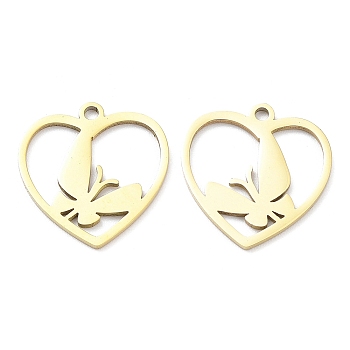 Ion Plating(IP) 316L Surgical Stainless Steel Pendants, Laser Cut, Heart with Butterfly Charm, Real 18K Gold Plated, 16x15x1mm, Hole: 1.4mm