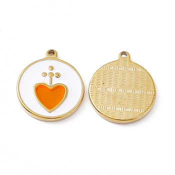 Vacuum Plating 201 Stainless Steel Pendants, with Enamel, Real 18K Gold Plated, Flat Round with Heart Charm, Dark Orange, 23.5x20x2.7mm, Hole: 1.7mm
