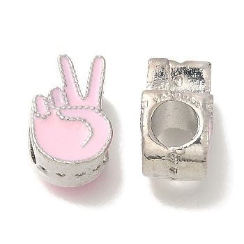 Rack Plating Alloy Enamel European Beads, Lead Free & Cadmium Free, Large Hole Beads, Yeah Victory Sign Gesture, Pink, 12x8x7mm, Hole: 4.5mm