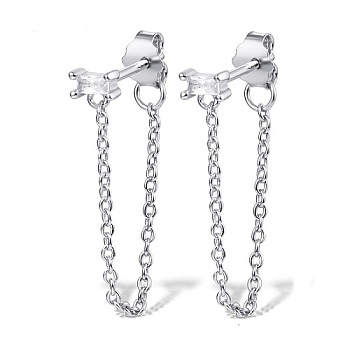 Rhodium Plated Platinum 925 Sterling Silver Chains Front Back Stud Earrings, with Rectangle Cubic Zirconia, Clear, 48x4mm