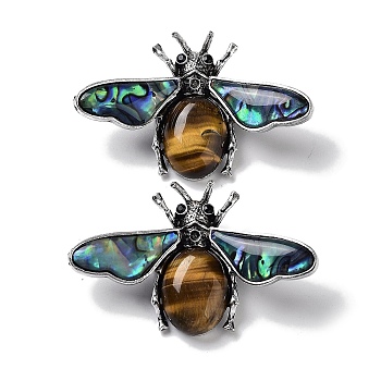 Tibetan Style Alloy Insect Brooches, with Natural Tiger Eye and Natural Paua Shell, Antique Silver, 36x56.5x13mm