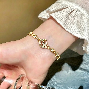 Adjustable Alloy Pave Clear Cubic Zirconia Moon with Butterfly Slider Beacelets for Women, with Enamel, Golden, Inner Diameter: 2.48 inch(6.3cm)