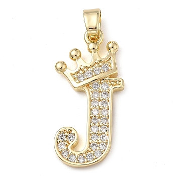 Rack Plating Brass Micro Pave Cubic Zirconia Pendants, Long-Lasting Plated, Lead Free & Cadmium Free, Real 18K Gold Plated, Letter J, 22~24x12~22x2mm, Hole: 3x4mm