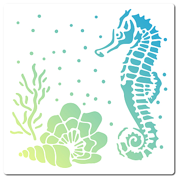 PET Plastic Hollow Out Drawing Painting Stencils Templates, Square, Sea Horse Pattern, 18x18cm