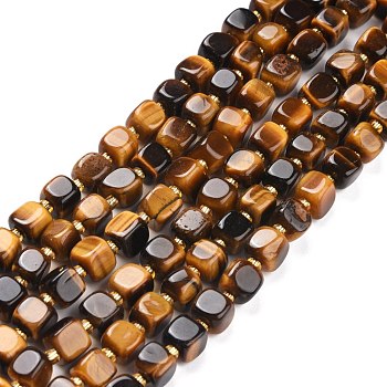 Natural Tiger Eye Beads Strands, with Seed Beads, Square, 6~7x6~7x6~7mm, Hole: 1mm, about 45pcs/strand, 15.16 inch(38.5cm)~15.83 inch(40.2cm)