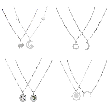 4 Sets 4 Style Sun and Moon 304 Stainless Steel Pendant Necklaces Set, Couple Necklaces for Lovers, Stainless Steel Color, 17.76~18.07 inch(45.1~45.9cm), 2Pcs/set, 1 Set/style