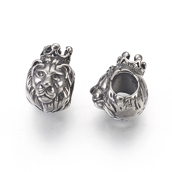 316 Surgical Stainless Steel European Beads, Large Hole Beads, Lion, Antique Silver, 12x8x11mm, Hole: 4.5mm