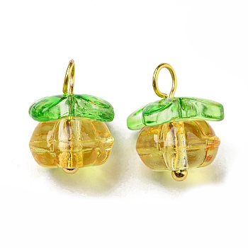 Handmade Lampwork Charms, with Golden Brass Findings, Pumpkin with Leaf Charm, Light Khaki, 13.5~14x12mm, Hole: 2.5~3mm
