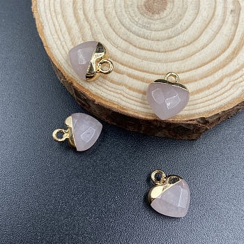 Natural Rose Quartz Charms, with Golden Tone Metal Loops, Heart, 14x10mm