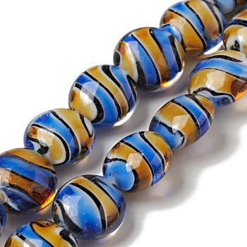 Handmade Lampwork Beads Strand, Flat Round with Stripe Pattern, Dodger Blue, 16x10mm, Hole: 1.2mm, about 20pcs/strand, 12.20 inch(31cm)