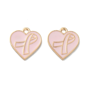 Light Gold Tone Zinc Alloy Enamel Pendants, Heart with October Breast Cancer Pink Awareness Ribbon, Pink, 16.5x15x1mm, Hole: 2mm