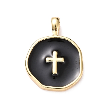 Brass Enamel Pendants, Light Gold, Flat Round with Cross, Black, 18x13.5x3.5mm, Hole: 2x3.5mm