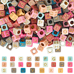 1400Pcs Plating Acrylic Beads, Golden Metal Enlaced, Horizontal Hole, Cube with Letter, Mixed Color, 6x6x6mm, Hole: 3.5mm(MACR-SP0001-71)