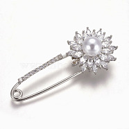 Brass Micro Pave Cubic Zirconia Safety Brooch, with Acrylic Imitation Pearl, Flower, Platinum, 59.5x26mm, Pin: 1.5mm(JEWB-I010-09P)